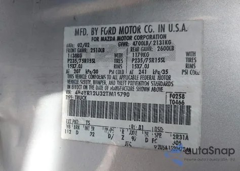 2002 Mazda B3000 Ds z USA, uszkodzony, nr VIN 4F4YR12U32TM15790